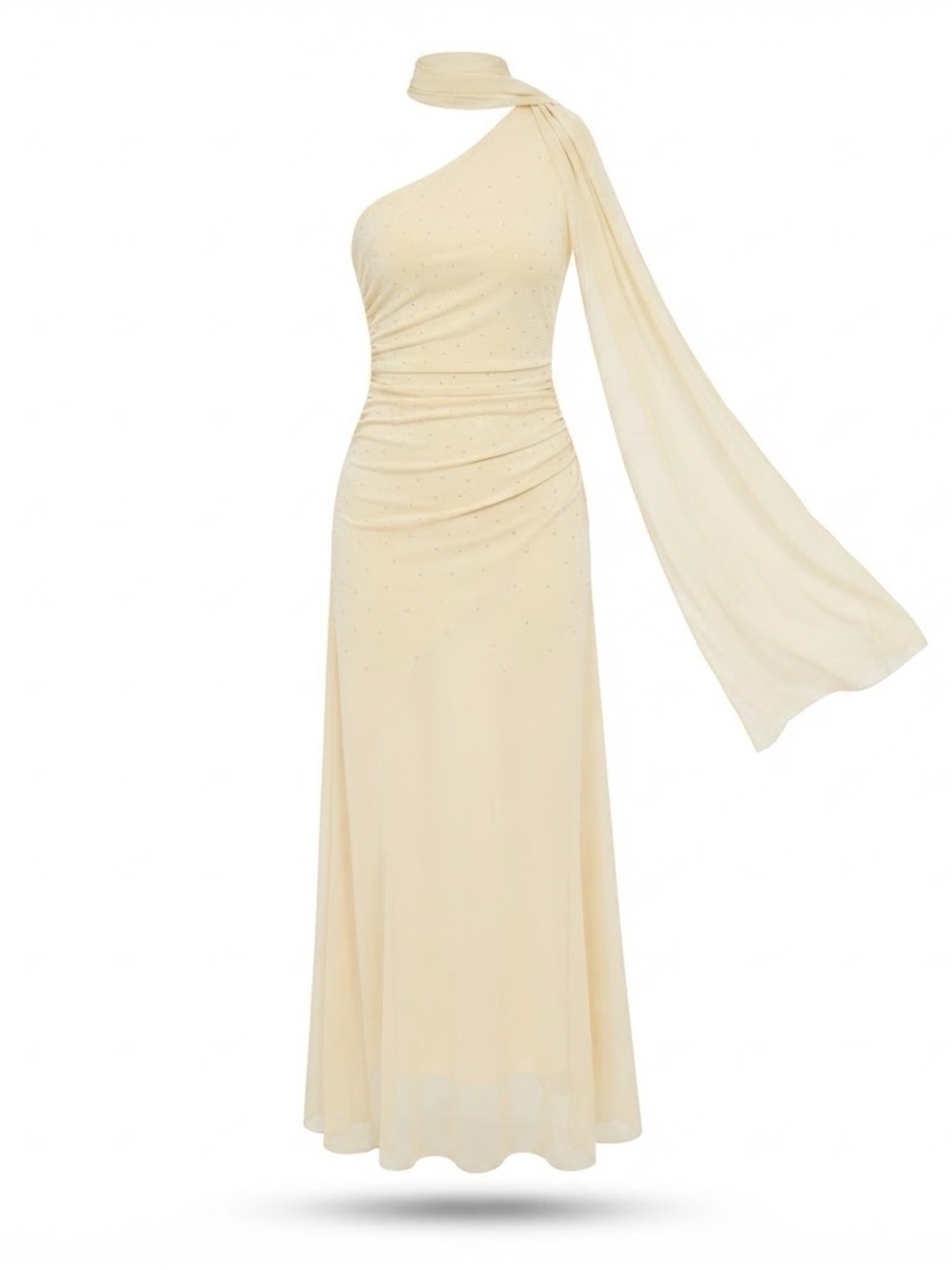 One-Shoulder Cream Evening Gown with Draped Scarf Detail